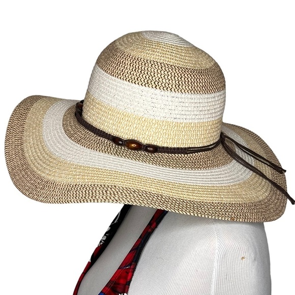 Magid Floppy Wide Brim Woven Paper Sun Hat Size 23 Large Straw Tan Brown Stripe - Picture 1 of 10